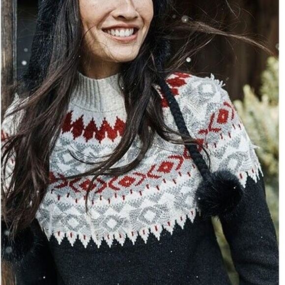 J. Jill Fair Isle Mock Neck Sweater Womens Large Black Red Gray Nordic Pullover - Picture 1 of 9
